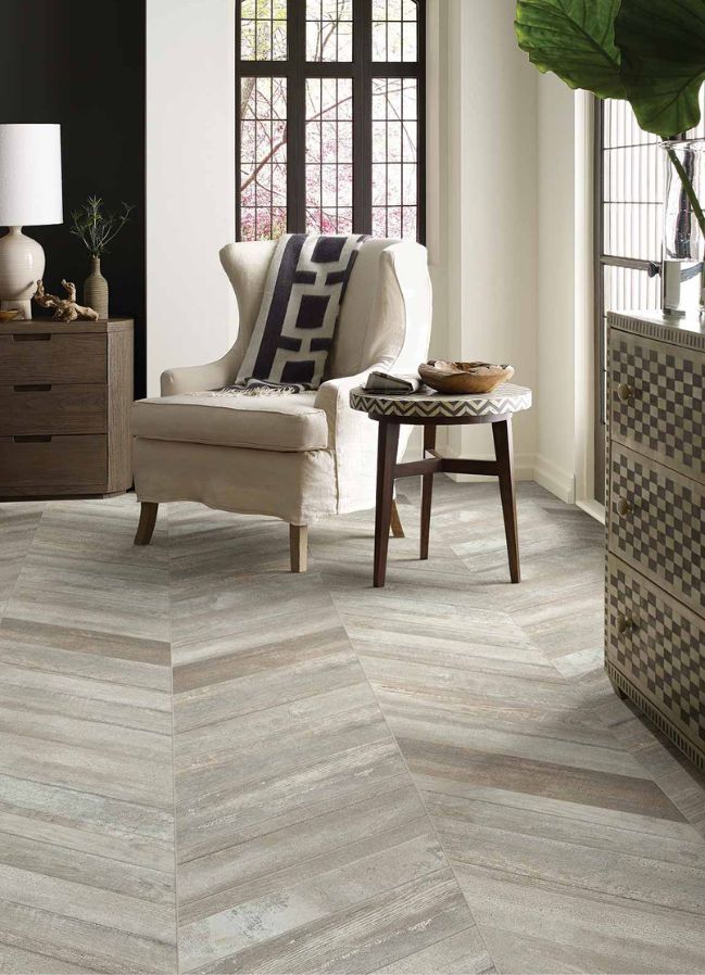 wood look tile flooring in a stylish living room